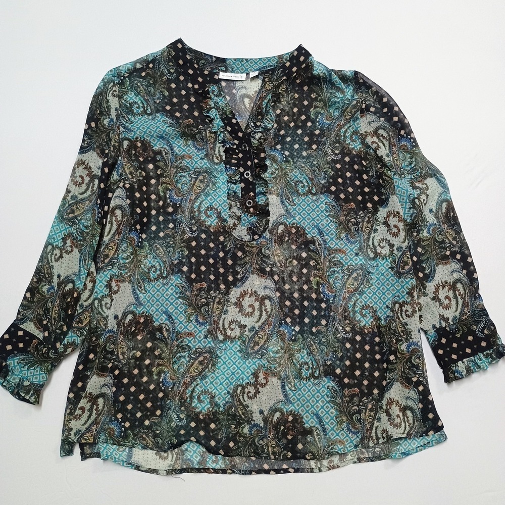 Susan Graver Sheer Paisley Black Blue Blouse Shirt Work Office Casual 2x